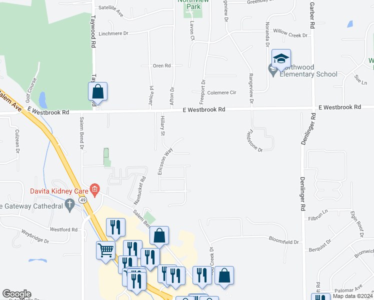 map of restaurants, bars, coffee shops, grocery stores, and more near 5686 Hillary Street in Dayton