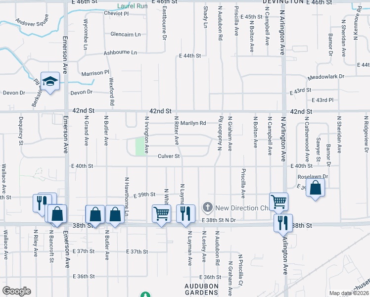 map of restaurants, bars, coffee shops, grocery stores, and more near 5542 Glencoe Street in Indianapolis