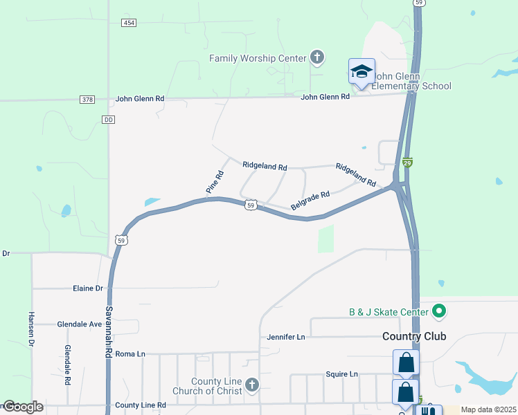 map of restaurants, bars, coffee shops, grocery stores, and more near 71 U.S. 59 in Country Club
