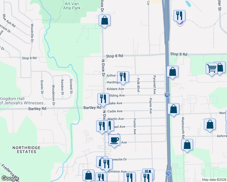 map of restaurants, bars, coffee shops, grocery stores, and more near 2029 Kildare Avenue in Dayton