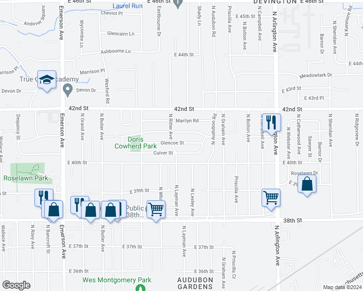 map of restaurants, bars, coffee shops, grocery stores, and more near 5525 Glencoe Street in Indianapolis