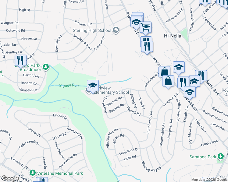 map of restaurants, bars, coffee shops, grocery stores, and more near 107 Parkview Road in Stratford