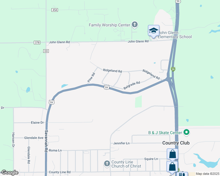 map of restaurants, bars, coffee shops, grocery stores, and more near 71 U.S. 59 in Country Club