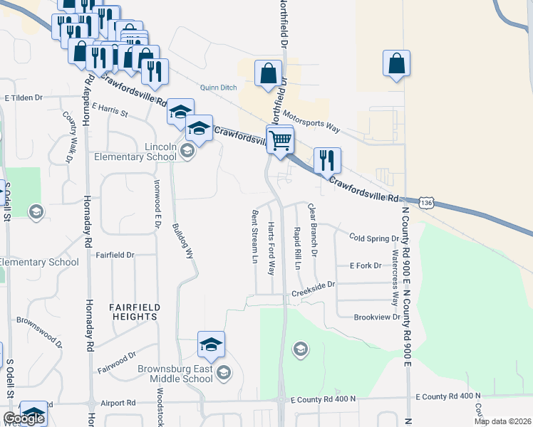 map of restaurants, bars, coffee shops, grocery stores, and more near 141 Harts Ford Way in Brownsburg
