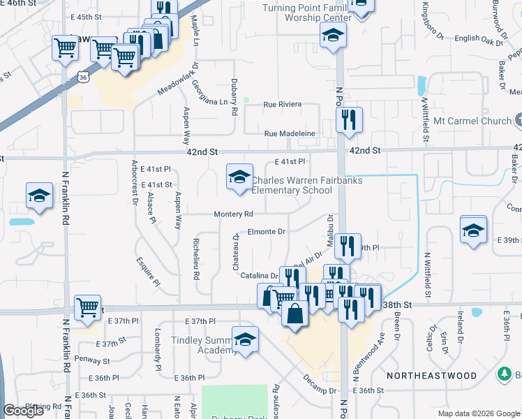 map of restaurants, bars, coffee shops, grocery stores, and more near 4047 Balboa Drive in Indianapolis