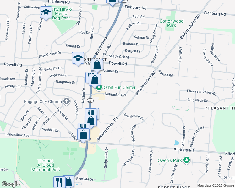 map of restaurants, bars, coffee shops, grocery stores, and more near 5073 Nebraska Avenue in Dayton