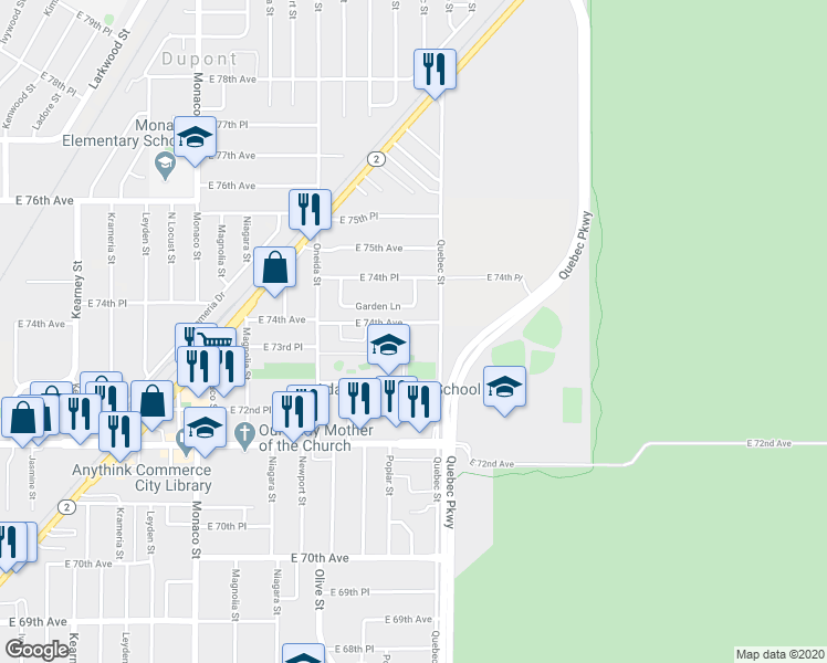 map of restaurants, bars, coffee shops, grocery stores, and more near 7238 Garden Lane in Commerce City
