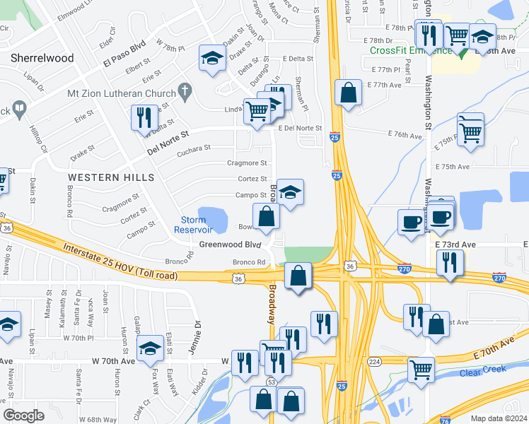 map of restaurants, bars, coffee shops, grocery stores, and more near 60 Campo Street in Denver