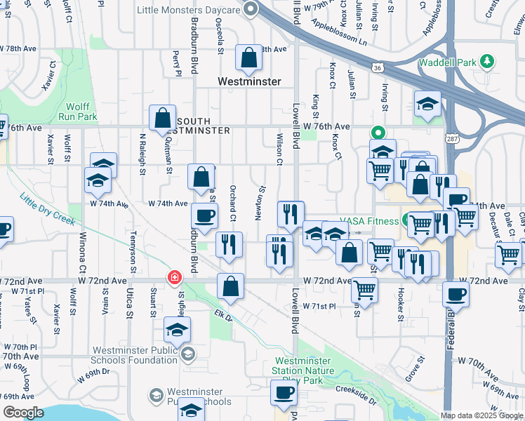 map of restaurants, bars, coffee shops, grocery stores, and more near 7395 Wilson Court in Westminster