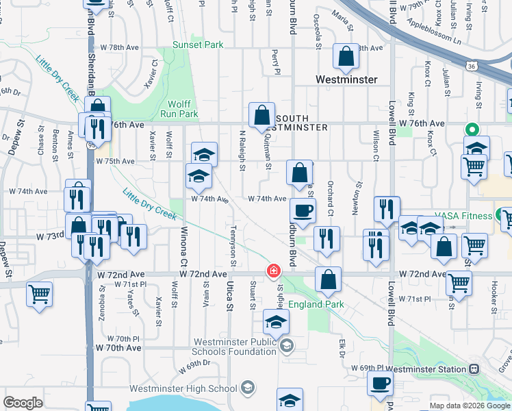 map of restaurants, bars, coffee shops, grocery stores, and more near 7400 Raleigh Street in Westminster