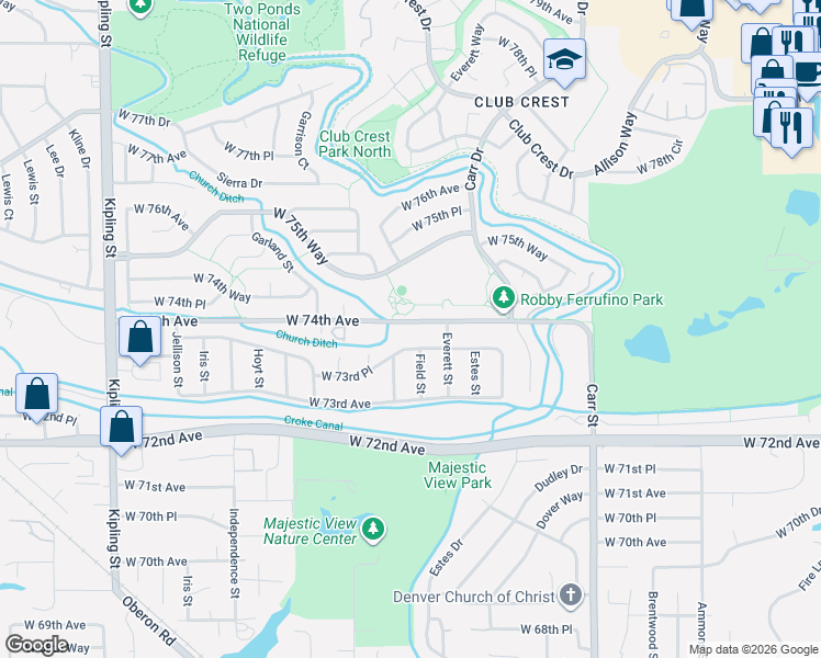 map of restaurants, bars, coffee shops, grocery stores, and more near 8920 West 74th Avenue in Arvada