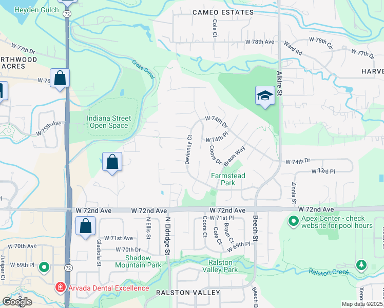 map of restaurants, bars, coffee shops, grocery stores, and more near 7403 Deframe Street in Arvada