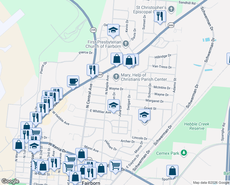 map of restaurants, bars, coffee shops, grocery stores, and more near 214 Wayne Drive in Fairborn