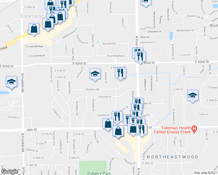 map of restaurants, bars, coffee shops, grocery stores, and more near 4047 Balboa Drive in Indianapolis