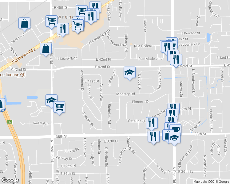 map of restaurants, bars, coffee shops, grocery stores, and more near 4007 Marseille Road in Indianapolis