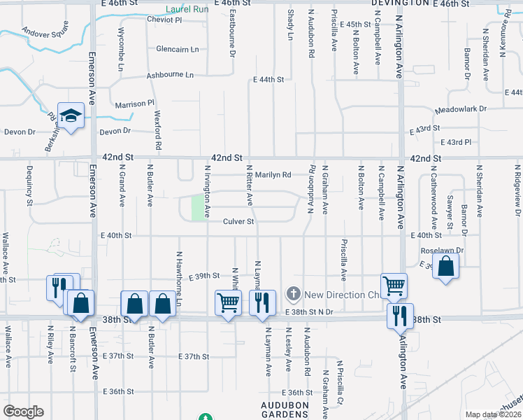 map of restaurants, bars, coffee shops, grocery stores, and more near 5542 Glencoe Street in Indianapolis