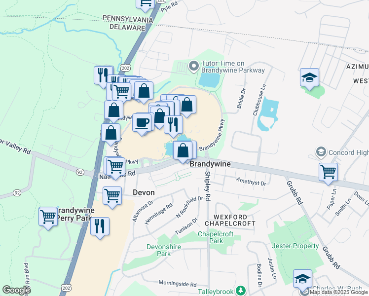 map of restaurants, bars, coffee shops, grocery stores, and more near 4050 Brandywine Parkway in Wilmington