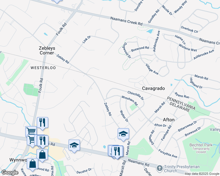 map of restaurants, bars, coffee shops, grocery stores, and more near 2755 Chinchilla Drive in Wilmington