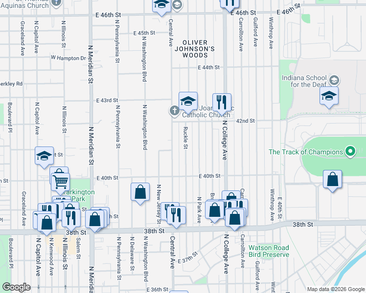 map of restaurants, bars, coffee shops, grocery stores, and more near 4125 Central Avenue in Indianapolis