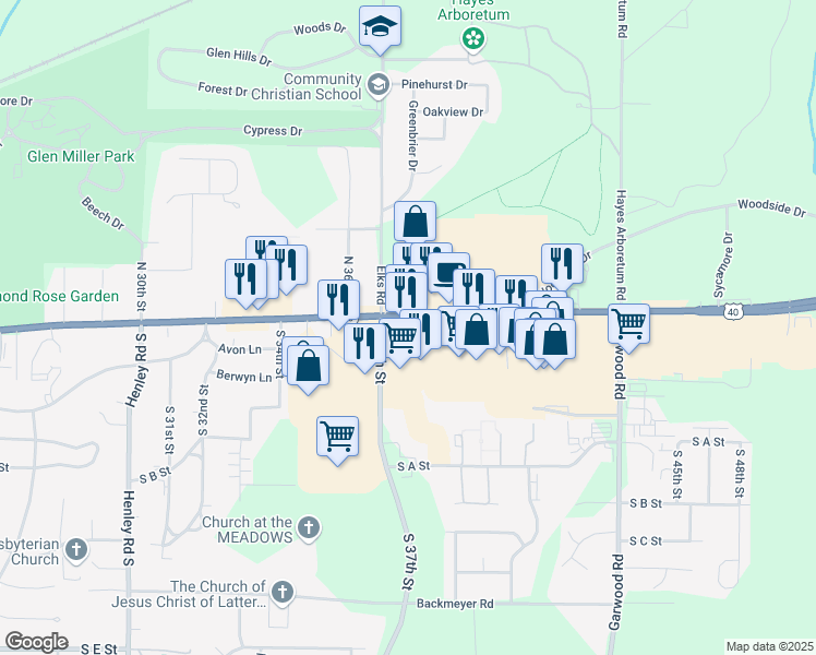 map of restaurants, bars, coffee shops, grocery stores, and more near 3701 National Road East in Richmond
