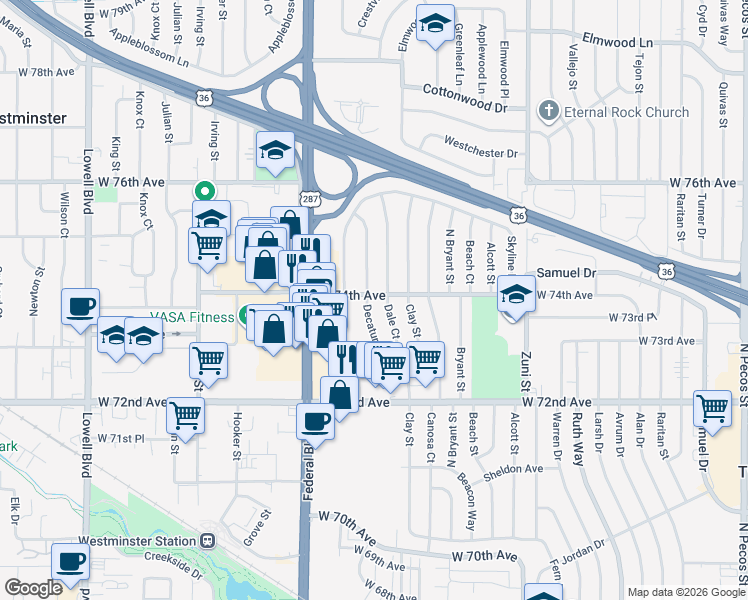 map of restaurants, bars, coffee shops, grocery stores, and more near 7401 Decatur Street in Westminster