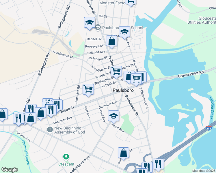 map of restaurants, bars, coffee shops, grocery stores, and more near 107-109 East Buck Street in Paulsboro