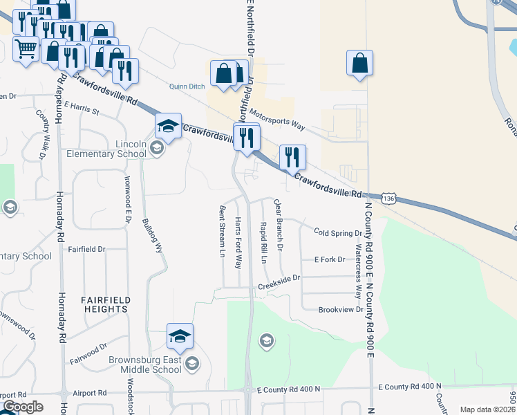 map of restaurants, bars, coffee shops, grocery stores, and more near 117 Clear Branch Drive in Brownsburg