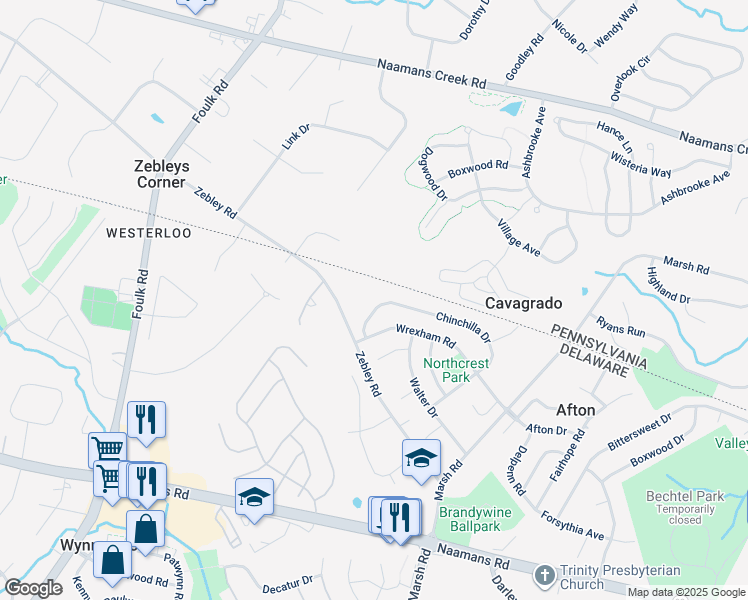 map of restaurants, bars, coffee shops, grocery stores, and more near 2753 Chinchilla Drive in Wilmington