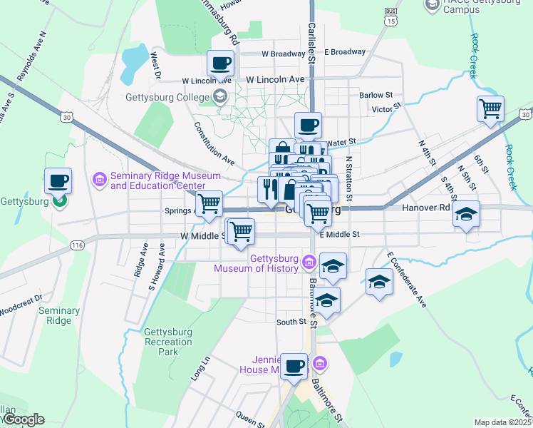map of restaurants, bars, coffee shops, grocery stores, and more near 116 Chambersburg Street in Gettysburg
