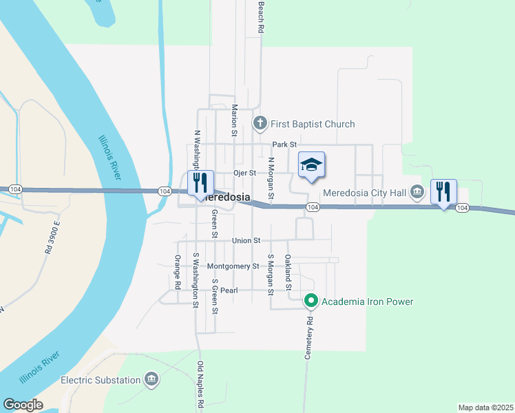 map of restaurants, bars, coffee shops, grocery stores, and more near 623 Main Street in Meredosia