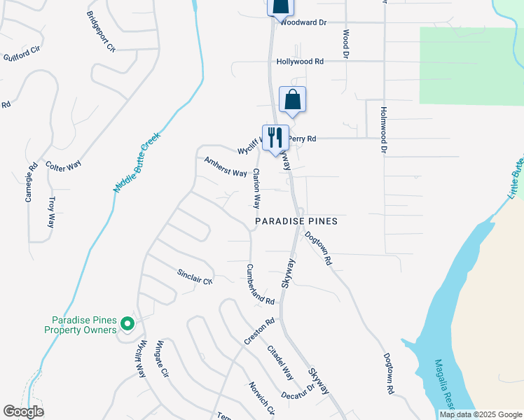 map of restaurants, bars, coffee shops, grocery stores, and more near 14374 Clarion Way in Magalia