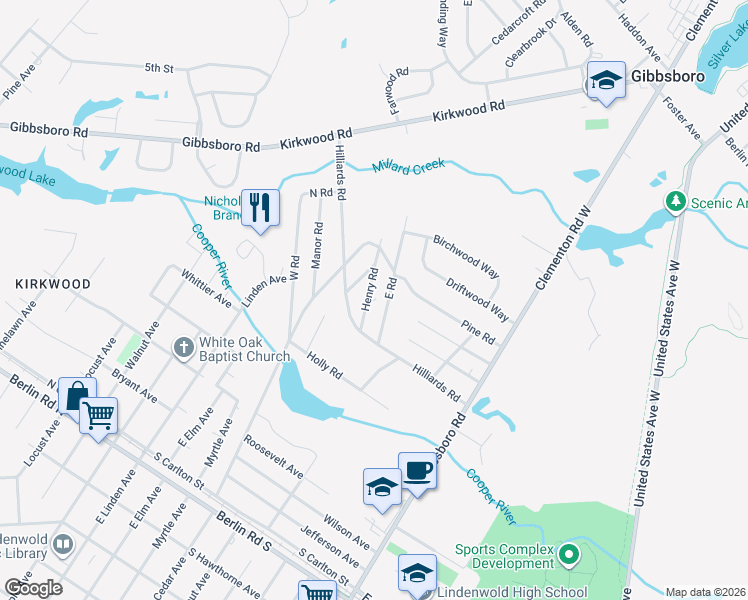 map of restaurants, bars, coffee shops, grocery stores, and more near 22 Henry Road in Gibbsboro
