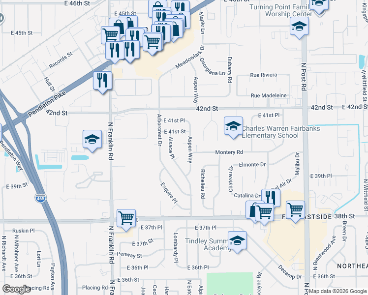 map of restaurants, bars, coffee shops, grocery stores, and more near 8344 Aspen Court in Indianapolis