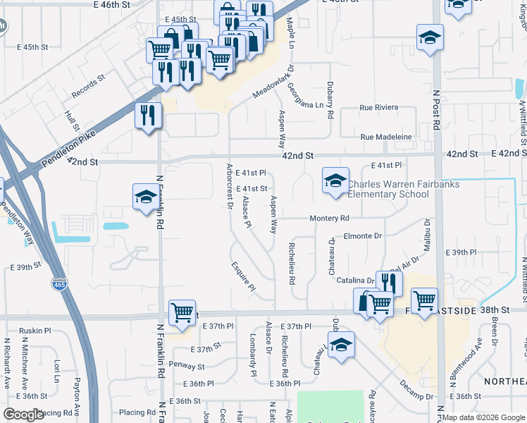 map of restaurants, bars, coffee shops, grocery stores, and more near 8344 Aspen Court in Indianapolis