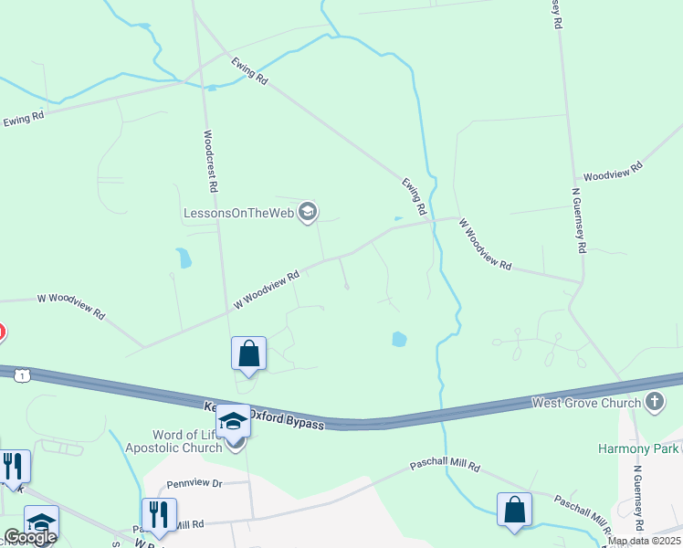 map of restaurants, bars, coffee shops, grocery stores, and more near 233 West Woodview Road in West Grove