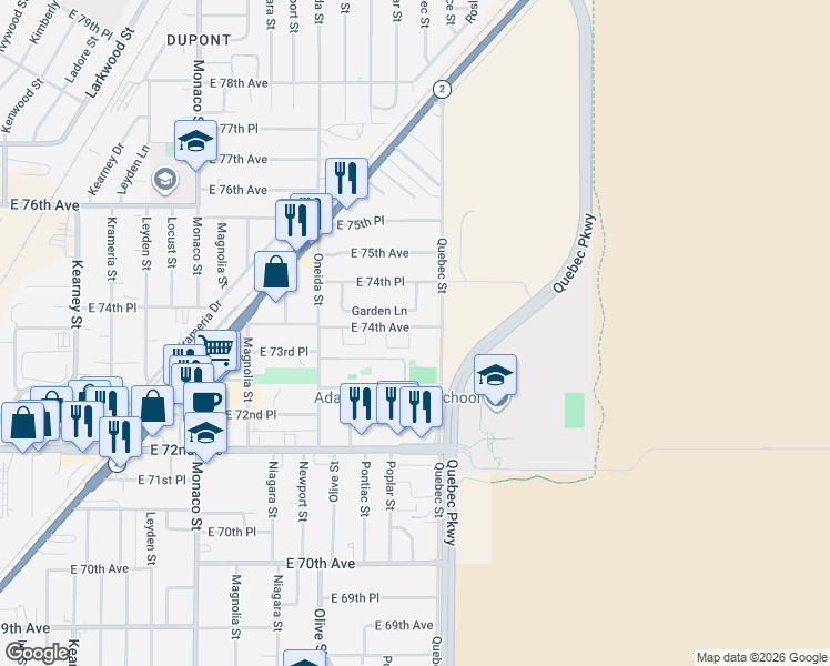 map of restaurants, bars, coffee shops, grocery stores, and more near 7238 Garden Lane in Commerce City