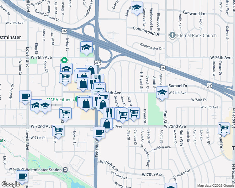 map of restaurants, bars, coffee shops, grocery stores, and more near 7401 Decatur Street in Westminster