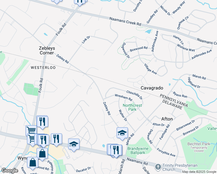 map of restaurants, bars, coffee shops, grocery stores, and more near 2753 Chinchilla Drive in Wilmington