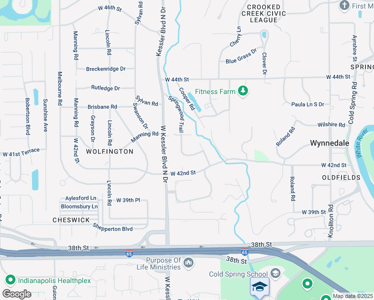 map of restaurants, bars, coffee shops, grocery stores, and more near 4275 Springwood Trail in Indianapolis