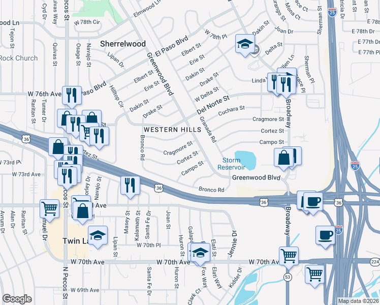 map of restaurants, bars, coffee shops, grocery stores, and more near 700 Cragmore Street in Denver