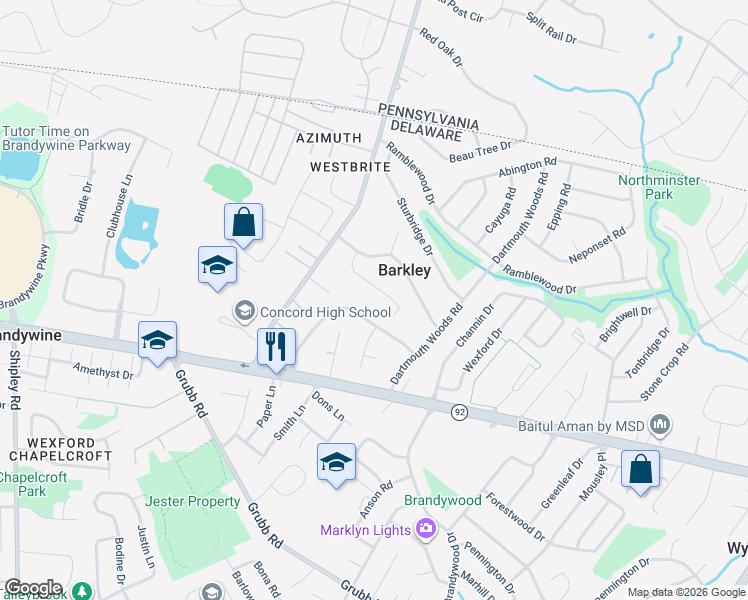 map of restaurants, bars, coffee shops, grocery stores, and more near 2704 Alexander Drive in Wilmington