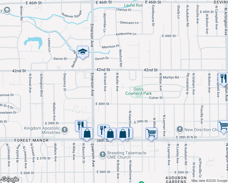 map of restaurants, bars, coffee shops, grocery stores, and more near 4072 North Butler Avenue in Indianapolis