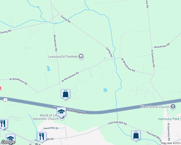 map of restaurants, bars, coffee shops, grocery stores, and more near 233 West Woodview Road in West Grove