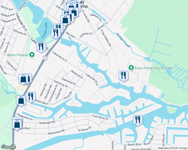 map of restaurants, bars, coffee shops, grocery stores, and more near 146 Marine Plaza in Lacey Township