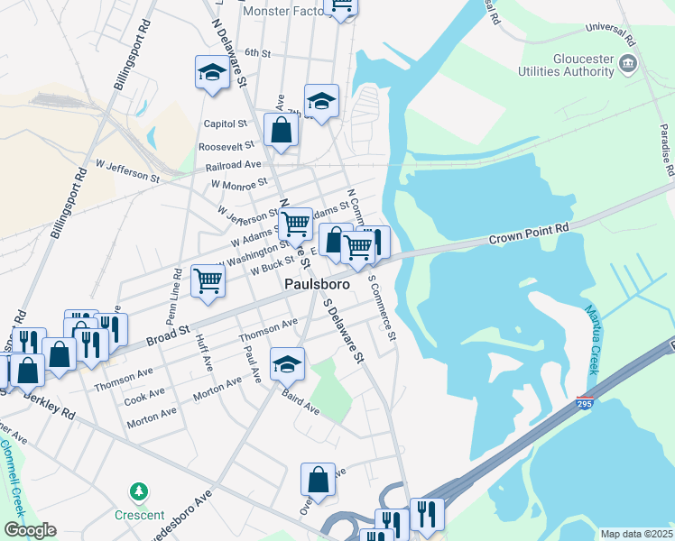 map of restaurants, bars, coffee shops, grocery stores, and more near 31 East Broad Street in Paulsboro