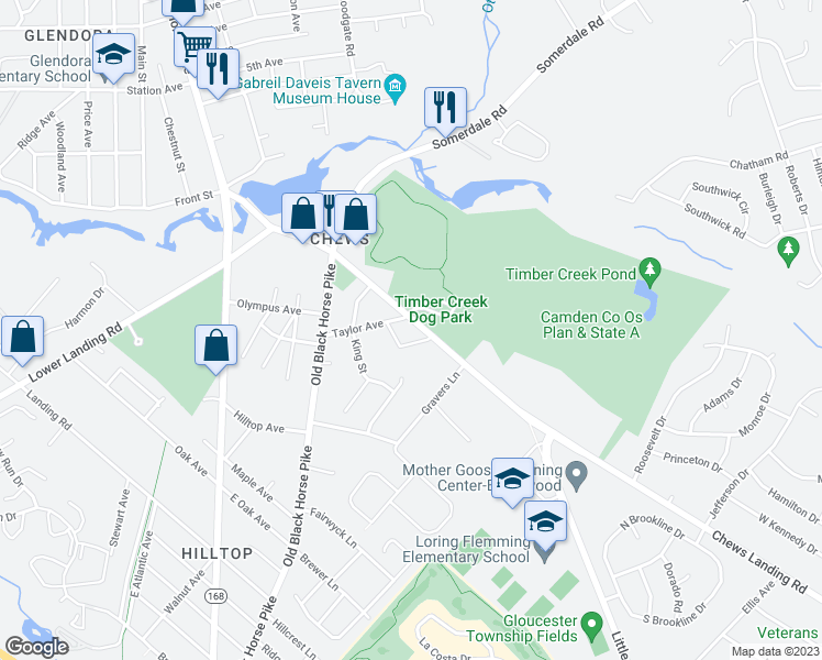 map of restaurants, bars, coffee shops, grocery stores, and more near 1686 Chews Landing Road in Gloucester Township