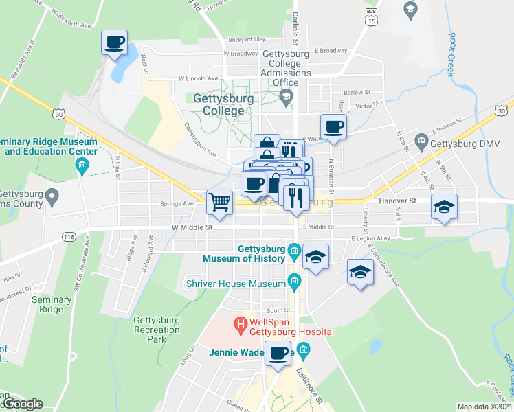 map of restaurants, bars, coffee shops, grocery stores, and more near 100 Chambersburg Street in Gettysburg
