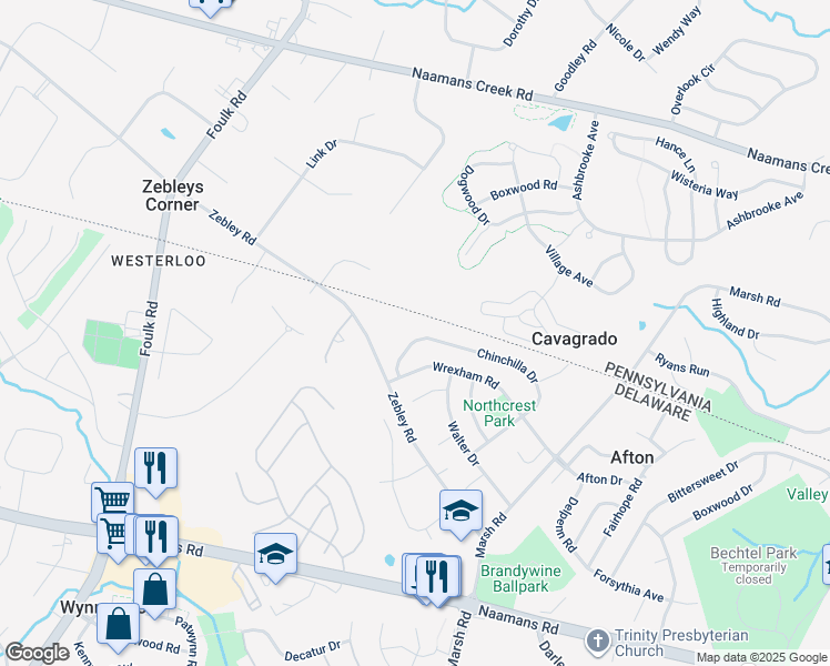 map of restaurants, bars, coffee shops, grocery stores, and more near 2753 Chinchilla Drive in Wilmington