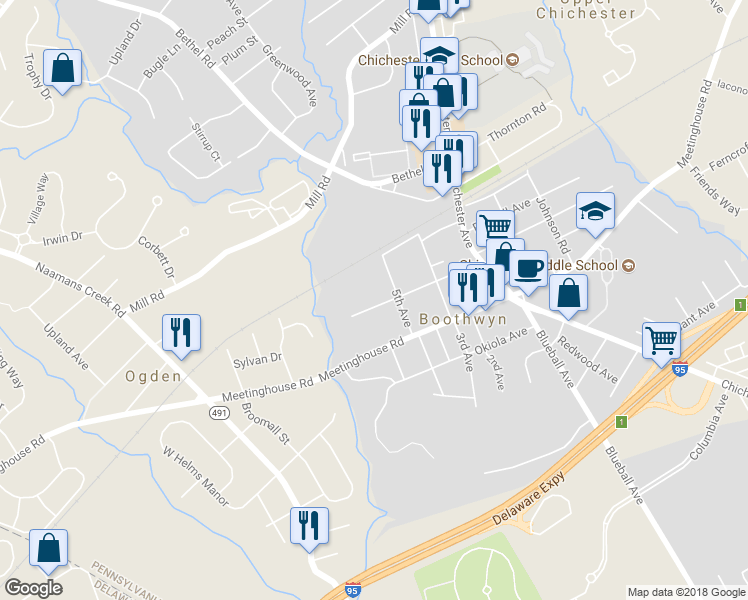 map of restaurants, bars, coffee shops, grocery stores, and more near 1826 McCay Avenue in Boothwyn