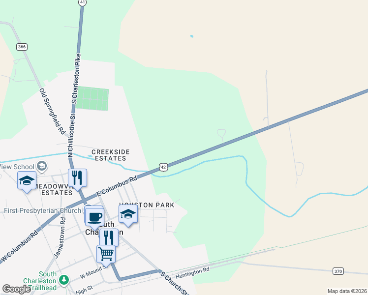 map of restaurants, bars, coffee shops, grocery stores, and more near 10036 Columbus Cincinnati Road in South Charleston